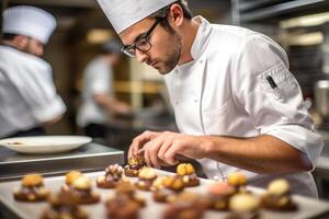 maschio maestro capocuoco cioccolatiere Lavorando nel artigianale professionale cioccolato laboratorio, ai generativo foto