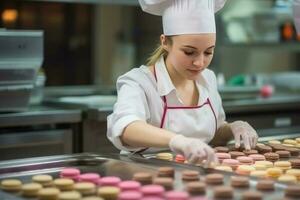 femmina maestro capocuoco cioccolatiere Lavorando nel artigianale professionale cioccolato laboratorio, ai generativo foto