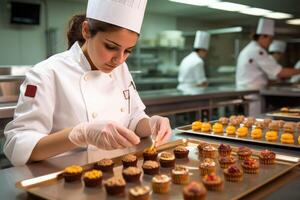 femmina maestro capocuoco cioccolatiere Lavorando nel artigianale professionale cioccolato laboratorio, ai generativo foto