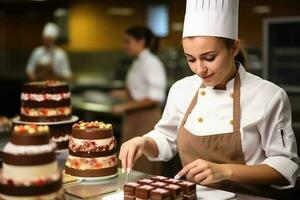 femmina maestro capocuoco cioccolatiere Lavorando nel artigianale professionale cioccolato laboratorio, ai generativo foto