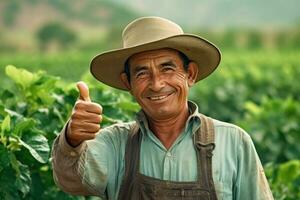 sorridente contadino in piedi nel campo mostrando pollice su, ai generativo foto