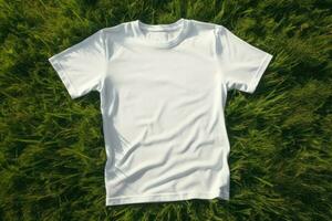 bianca maglietta modello dire bugie su verde erba, ai generativo foto