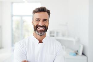 caucasico uomo dentista sorridente mentre in piedi nel dentale clinica, ai generativo foto