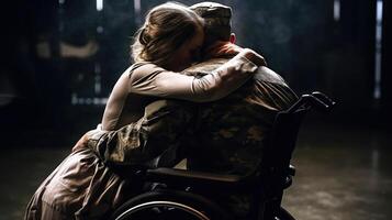 sentimentale incontro dopo il guerra di giovane ragazza abbracci sua Disabilitato fidanzato soldato nel un' sedia a rotelle. generativo ai. foto