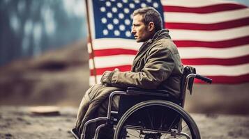 triste veterano uomo nel un' sedia a rotelle su il sfondo di il americano bandiera. generativo ai. foto