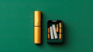 tabacco riscaldamento sistema. elettronico sigaretta. piatto posare su verde sfondo superiore Visualizza. generativo ai. foto