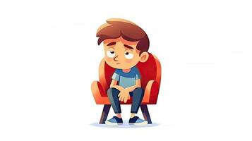 triste ragazzo seduta nel poltrona. illustrazione nel cartone animato stile. generativo ai. foto