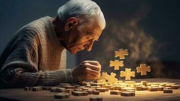 anziano uomo giocando sega puzzle. anziano uomo soluzione un' puzzle di il suo vita. generativo ai. foto