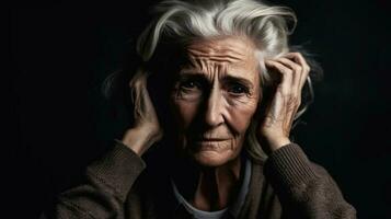 ritratto di un anziano donna su un' nero sfondo con Alzheimer purtroppo analizzare, cercare, guardare. generativo ai. foto