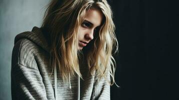 ritratto di un' triste giovane donna con bionda capelli nel un' grigio maglione. schizofrenico adolescente. generativo ai. foto