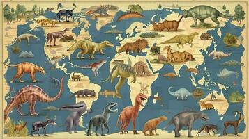 mondo carta geografica dinosauro età sfondo. generativo ai. foto
