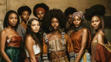 gruppo di africano donne con afro acconciatura in posa a studio. generativo ai. foto