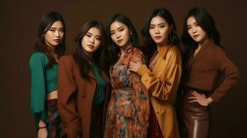 gruppo di asiatico donne nel moda Abiti su Marrone sfondo, studio sparo. generativo ai. foto