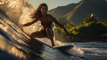 sorprendente surfer ragazza equitazione un' onda nel il oceano nel a tramonto. generativo ai. foto