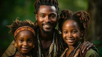 ritratto di un' contento africano padre con bambini in piedi nel il parco e sorridente. generativo ai. foto