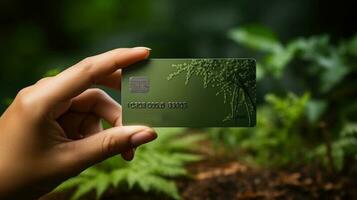 vicino su di umano mano Tenere credito carta con verde natura sfondo. generativo ai. foto