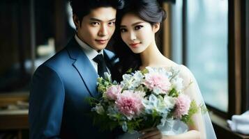 bellissimo asiatico sposa e sposo Tenere un' mazzo di fiori. generativo ai. foto