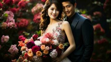 ritratto di asiatico sposa e sposo su il sfondo di fiori. generativo ai. foto