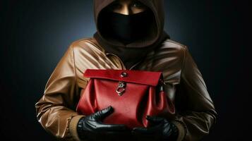 ritratto di un' scassinatore donna Tenere un' rosso borsa su un' buio sfondo. generativo ai. foto