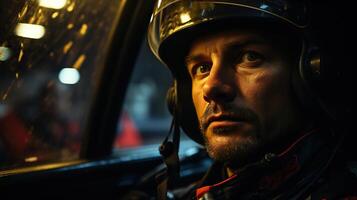 ritratto di un' autista uomo nel un' casco nel il auto a notte. generativo ai. foto