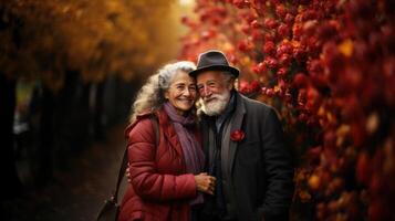 ritratto di contento anziano coppia nel autunno parco. anziano uomo e donna sorridente e abbracciare. generativo ai. foto