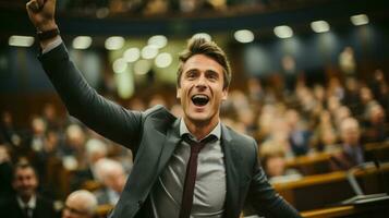 contento vice raccolta il suo mano nel un' conferenza sala camera parlamento. decisione è fatto, legge entra in forza. deputati votato nel favore di il maggioranza. generativo ai. foto