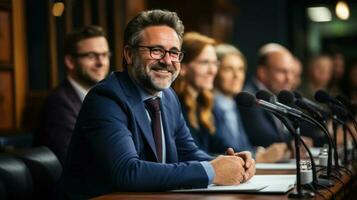 ritratto di un' sorridente anziano politico seduta a un' tavolo nel un' conferenza sala. generativo ai. foto