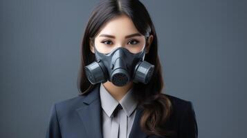 asiatico attività commerciale donna indossare gas maschera su grigio sfondo. generativo ai. foto