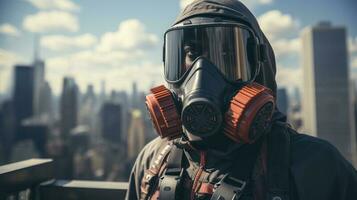 nero uomo con gas maschera su il tetto di un' grattacielo nel inviare apocalittico città. generativo ai. foto