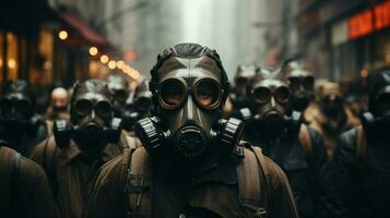 non identificato persone indossare gas maschera nel città. generativo ai. foto