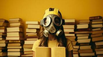 ragazza nel gas maschera con libri su giallo sfondo. dopo nucleare guerra formazione scolastica concetto. generativo ai. foto