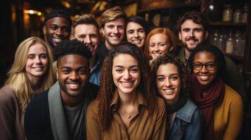 ritratto di sorridente amici guardare a telecamera nel pub durante caffè rompere. generativo ai. foto