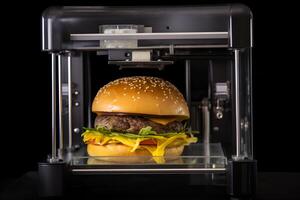 3d stampante stampe carne hamburger. cucinando dispositivo di futuro per fabbricazione cibo. casa futuro tecnologia. realistico composizione con processi 3d stampa di hamburger imitazione. ai generato foto