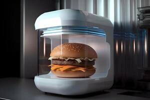 3d stampante stampe carne hamburger. cucinando dispositivo di futuro per fabbricazione cibo. casa futuro tecnologia. realistico composizione con processi 3d stampa di hamburger imitazione. ai generato foto