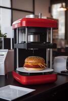 3d stampante stampe carne hamburger. cucinando dispositivo di futuro per fabbricazione cibo. casa futuro tecnologia. realistico composizione con processi 3d stampa di hamburger imitazione. ai generato foto