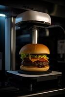 3d stampante stampe carne hamburger. cucinando dispositivo di futuro per fabbricazione cibo. casa futuro tecnologia. realistico composizione con processi 3d stampa di hamburger imitazione. ai generato foto