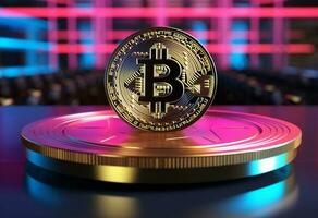 grande d'oro bitcoin moneta In piedi su neon rosa e blu attività commerciale digitale sfondo con copia spazio foto