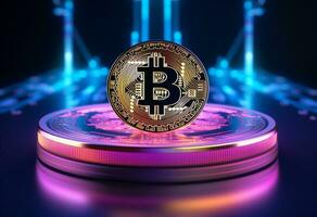 grande d'oro bitcoin moneta In piedi su neon rosa e blu attività commerciale digitale sfondo con copia spazio foto