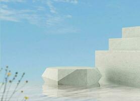 Schermo di calcestruzzo pietre posto su acqua per mostrare prodotti con un' sfocato cielo nel il sfondo. foto