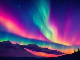 aurora settentrionale vivace pendenza luci al di sopra di albero montagna bellissimo viola, verde stellato cielo foto