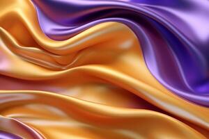 astratto sfondo con 3d onda luminosa oro e viola pendenza seta tessuto, ultra realistico, generativo ai foto