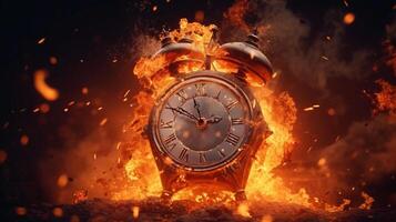 orologio su fuoco, orologio viso consumato come tempo ustioni lontano. generativo ai. foto