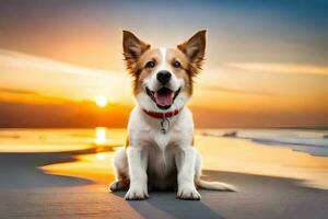 carino cane è seduta a il mare con luce del sole sfondo fatto con generativo ai. foto
