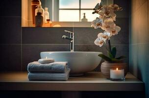 lavabo e bagno nel bianca moderno stile con generativo ai foto