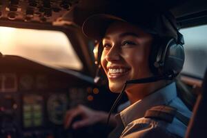 il cabina di pilotaggio di un' aereo con un' contento donna pilota con generativo ai foto