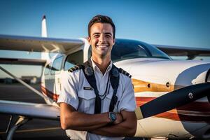 sorridente maschio pilota in piedi nel davanti di aereo con generativo ai foto