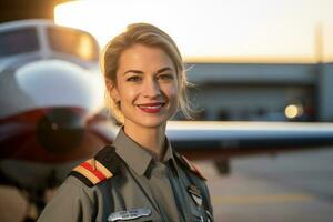 sorridente femmina pilota in piedi nel davanti di aereo con generativo ai foto