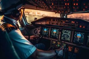 il cabina di pilotaggio di un' aereo con un' contento uomo pilota con generativo ai foto