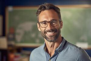 sorridente maschio insegnante nel davanti di il lavagna con generativo ai foto