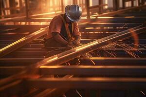 un' lavoratore è costruzione strutturale acciaio di il costruzione luogo con generativo ai foto
